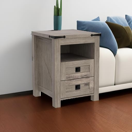 T4TREAM Nightstand with Charging Station, End Table, Side Table with 2 Drawers Storage Cabinet for Bedroom, Living Room, Farmhouse Design, Wood Rustic,Light Rustic Oak