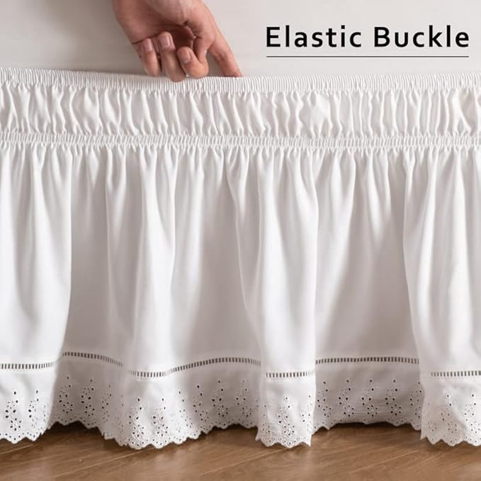 MIYE Wrap Around Ruffled Lace Bed Skirt, Elastic Dust Ruffle with Adjustable Belts, Easy to Put On, Bed Frame Cover, Machine Washable (Embroidered/White, Full/Twin-18 Drop)
