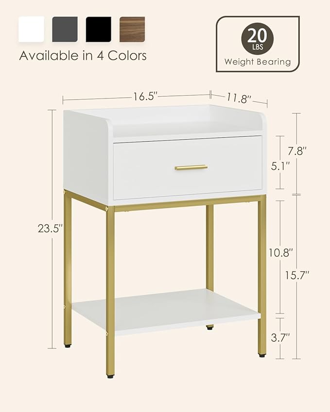 Masupu Nightstand,3-Tier Modern Bedside Night Stand with Storage Drawer and Shelf,Small End Side Table for Bedroom,Living Room,White (Without Outlet, White)