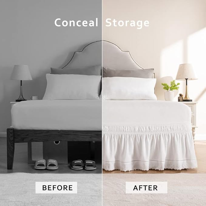 MIYE Wrap Around Ruffled Lace Bed Skirt, Elastic Dust Ruffle with Adjustable Belts, Easy to Put On, Bed Frame Cover, Machine Washable (Embroidered/White, Full/Twin-18 Drop)