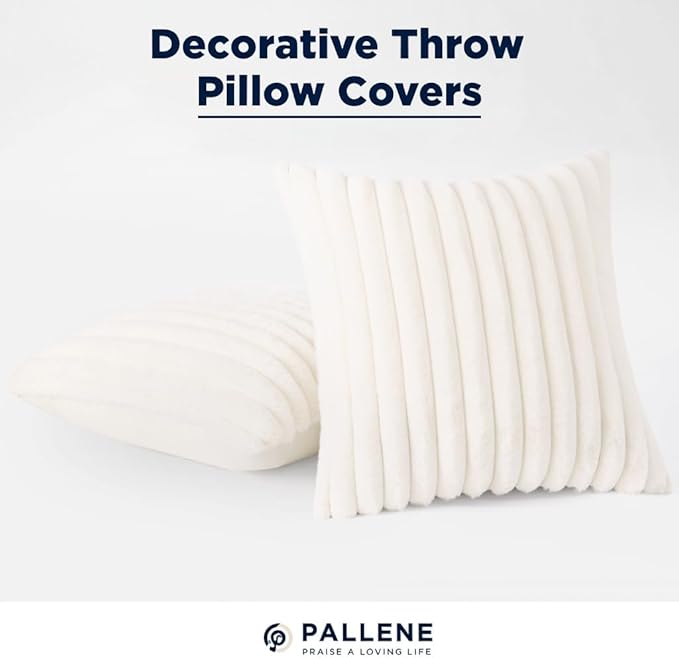 Pallene Faux Fur Plush Throw Pillow Covers 16x16 Set of 2, Luxury Soft Fluffy Striped Decorative Pillow Covers for Sofa, Couch, Living Room, Cream White