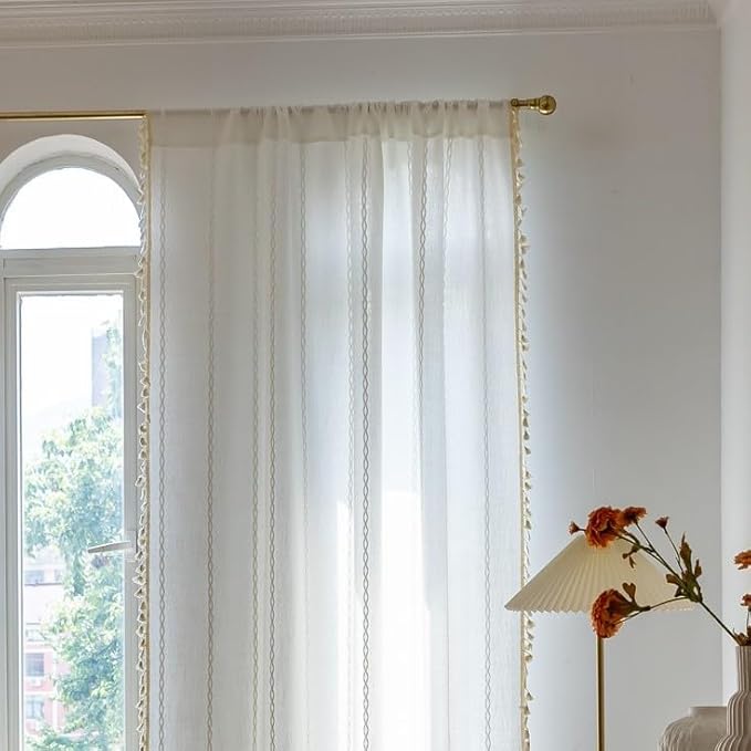 Sutuo Home White Boho Curtains for Bedroom Living Room Nursery, Bohemian 1 Panel 120 inches Long Patio Christmas Decor, Vintage Country Linen Striped Farmhouse Window Treatment, 52" W x 120" L