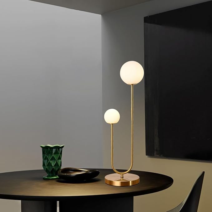Mid Century Gold Globe Table Lamp Modern U-Shape 2-Light Desk Table Light with Milk White Glass Shade Metal Base Nightstand Lamp for Bedroom Bedside,G9 Bulb(Not Included)