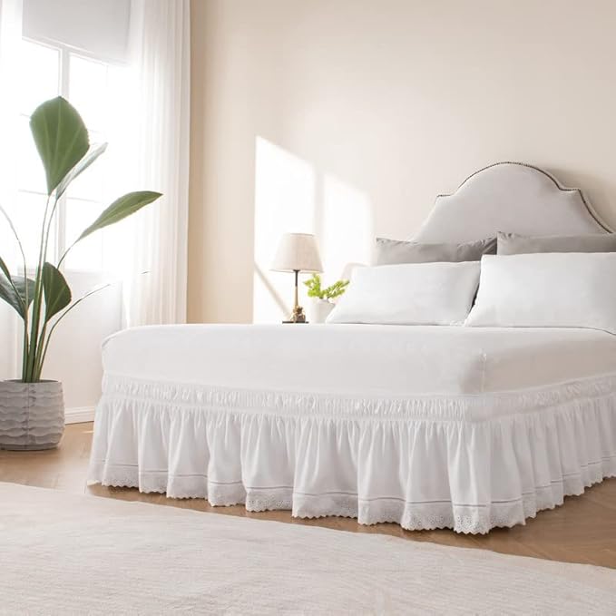 MIYE Wrap Around Ruffled Lace Bed Skirt, Elastic Dust Ruffle with Adjustable Belts, Easy to Put On, Bed Frame Cover, Machine Washable (Embroidered/White, Full/Twin-18 Drop)