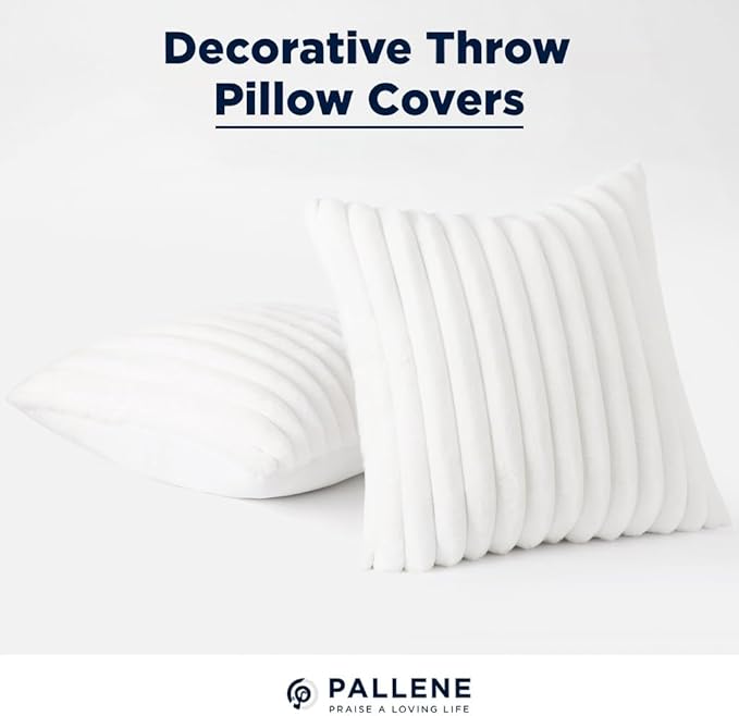 Pallene Faux Fur Plush Throw Pillow Covers 16x16 Set of 2, Luxury Soft Fluffy Striped Decorative Pillow Covers for Sofa, Couch, Living Room, White