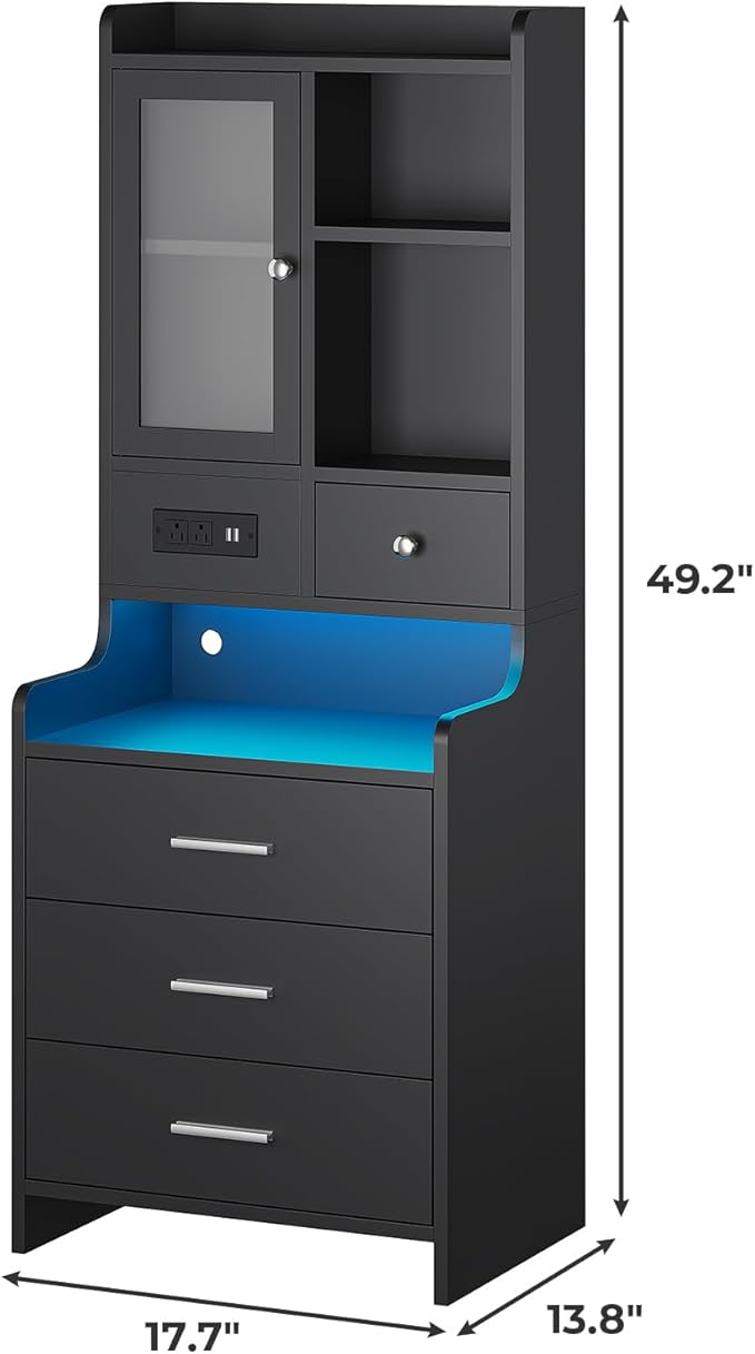 ADORNEVE Tall Night Stand with Charging Station and LED Lights,49.2" Nightstand with Bookshelf, Black Bedside Table with Drawers,End Side Table for Bedrooms