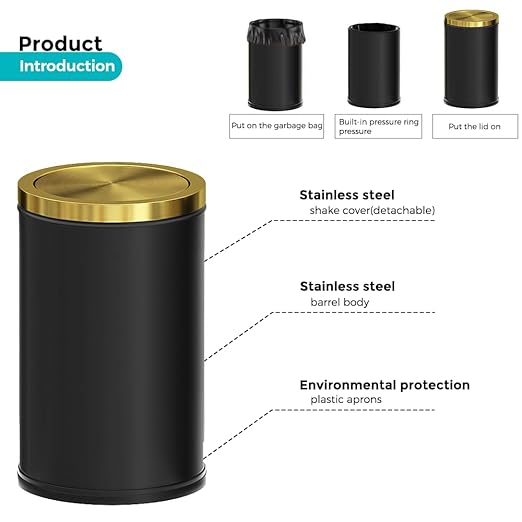 4.7 Gallon/18L Stainless Steel Bathroom Trash Can,Black and Gold Garbage Bin with Swing Lid,Round,Elegant Waste Basket,for Toilet,Kitchen,Living Room,Hotel,Home (18L-Black)