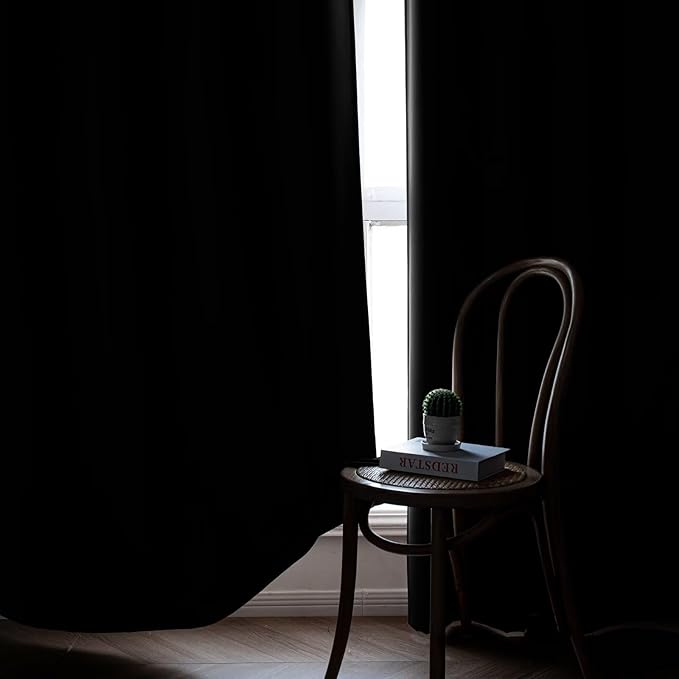 Black Blackout Curtains 90 Inch Length 2 Panels Set, Black Out Curtains for Bedroom 90 Inch Long, Rod Pocket Energy Saving Room Darkening Drapes for Living Room Window(W52 x L90)