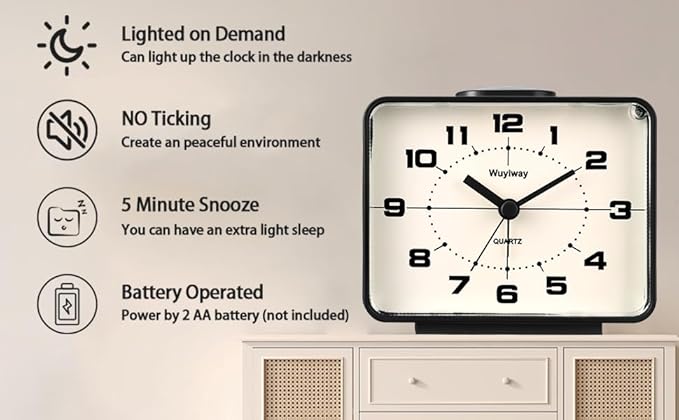 Retro Analog Alarm Clock,Battery Operated,4" Vintage Decor for Bedroom, Nightstand, Bedside, Desk, Table,Silent,Lighted on Demand and Snooze,Ascending Beep Sounds,Easy to Set(Black)