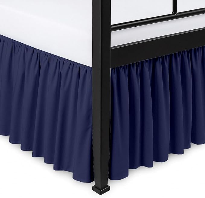 Ruffled Bed Skirt Split Corners with Platform, Tailored Fit Hotel Quality Wrinkle Free Ultra-Soft Microfiber Dust Ruffle, Upto 16 Inch Drop, Queen, Navy Blue