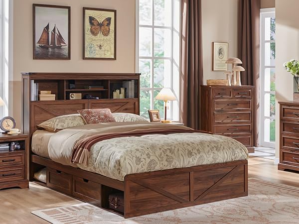 ACCOHOHO Farmhouse Full Size Bed Frame with 52" Tall Storage Headboard and LED Light,Wood Platform Bed Frame with 4 Drawers and Charging Station,Solid Wood Slats Support,No Box Spring Needed,Brown