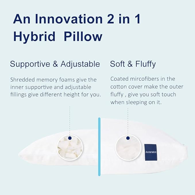 ACCURATEX Pillows Queen Size Set of 2, Hybrid Shredded Memory Foam Pillow[Adjustable Loft], Fluffy Down Alternative Fill Removable Cotton Cover, Firm Supportive Pillow for Side Back Sleepers