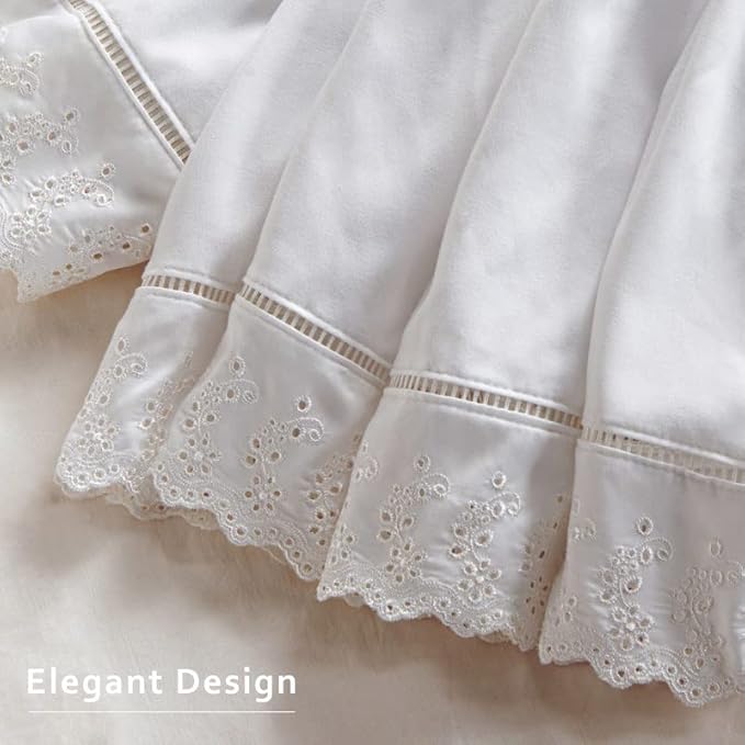 MIYE Wrap Around Ruffled Lace Bed Skirt, Elastic Dust Ruffle with Adjustable Belts, Easy to Put On, Bed Frame Cover, Machine Washable (Embroidered/White, Full/Twin-18 Drop)
