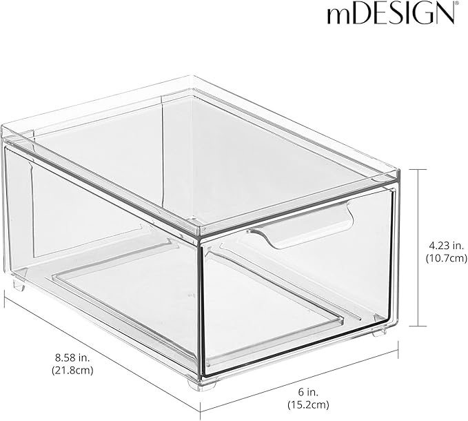 mDesign Plastic Bathroom Organizer Bin w/Pull Out Drawer - Slim Stackable Storage Container for Bathroom Accessories - Perfect for Organizing Bathroom Cabinet - Lumiere Collection - 4 Pack - Clear