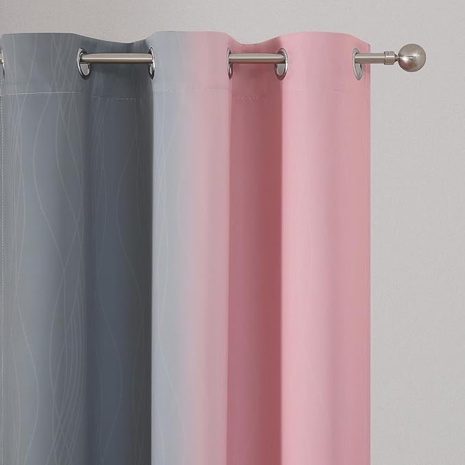 Estelar Textiler Pink and Grey Ombre Blackout Curtains for Living Room, Full Room Darkening Curtains for Bedroom, Light Blocking Grommet Thermal Insulated Gradient Drapes, 2 Panels, 42x96 Inch