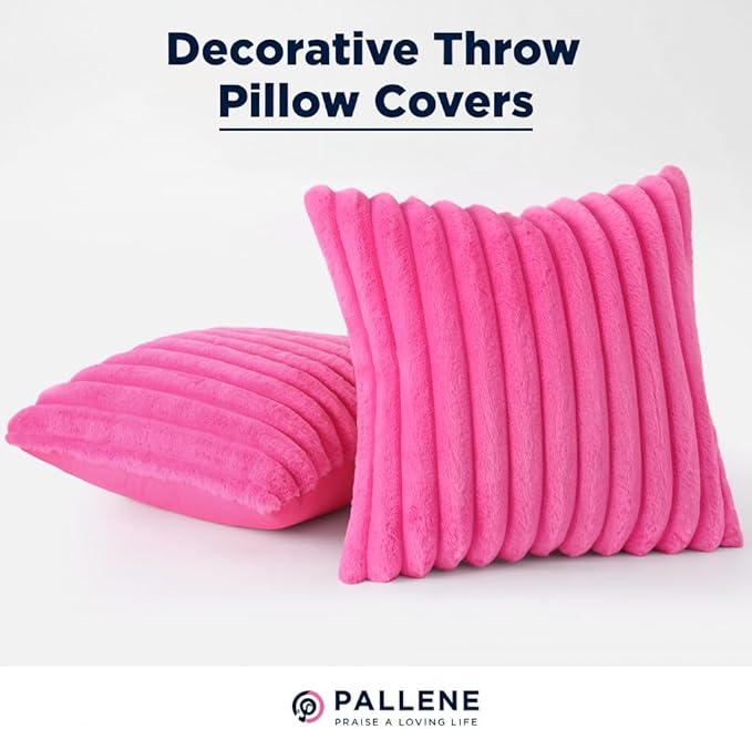 Pallene Faux Fur Plush Throw Pillow Covers 24x24 Set of 2, Luxury Soft Fluffy Striped Decorative Pillow Covers for Sofa, Couch, Living Room, Hot Pink