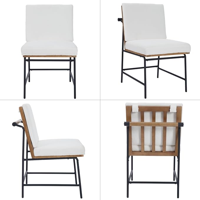 Modern Dining Chairs Set of 4, Comfy Sherpa Fabric Armless Upholstered Side Chairs with Wooden Backrest Black Metal Legs for Dining Room Living Room, White