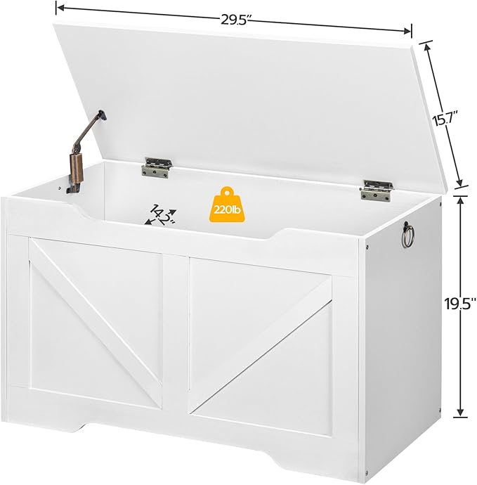 HOOBRO Storage Bench, 29.5” Retro Wooden Storage Chest with U-Shaped Cut-Out Pull, Safety Hinge, Supports 220 lb and Easy Assembly for Toy Box Organizer (White) WT77CW01