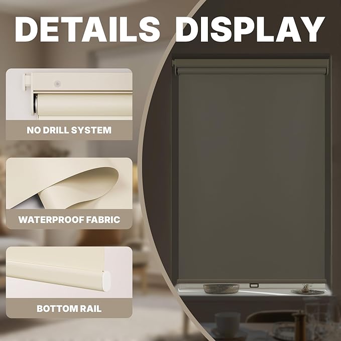 HESTIA No Drill Cordless Blackout Roller Shades Screwless Waterproof Shower Window Blinds, Auto-Retraction Easy Install Blind for Bathroom/Kitchen/Office/Exterior, Cream, 44.5" W x 54" H