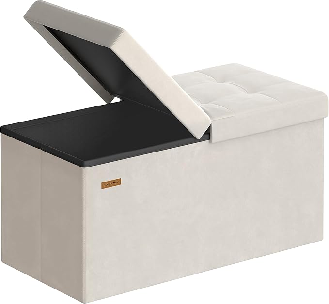 SONGMICS Mazie Collection - 30 Inches Storage Ottoman, Foldable Storage Bench with Flipping Lid, 660 lb Load Capacity, for Entryway, Living Room, Bedroom, Velvet Fabric, Cream White ULSF048LH01