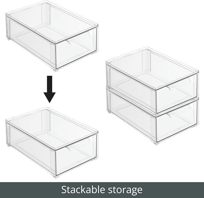 mDesign Plastic Stackable Bathroom Storage Organizer Bin Containers with Front Pull Drawer for Bathroom Countertop, Vanity, Closet Shelves - Holder for Beauty Accessories - Lumiere Collection - Clear