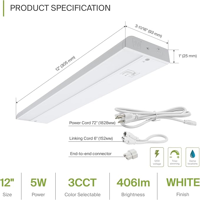 ASD 20 Pack 12 Inch LED Under Cabinet Lighting Plug in or Hardwired, High/Low/Off Switch, 5W 120V 3 CCT 2700K/3000K/4000K CRI90+, Triac Dimmable Linkable Under Counter Lights for Kitchen, ETL, White
