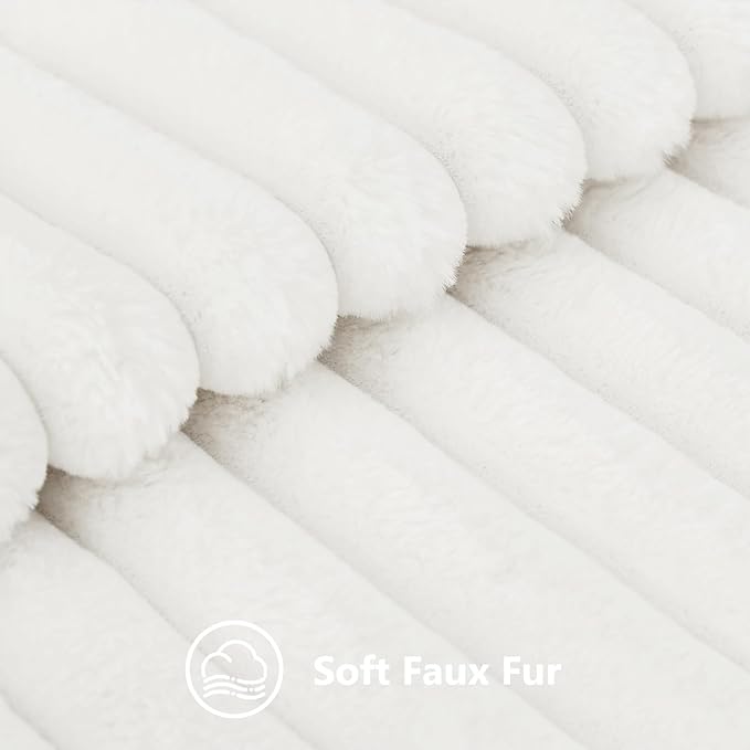 decorUhome Faux Fur Spring Throw Pillow Covers 26x26 Set of 2, Decorative Soft Plush Striped Neutral Couch Euro Sham Pillow Covers with Velvet Back for Sofa, Bed, Living Room Home, White