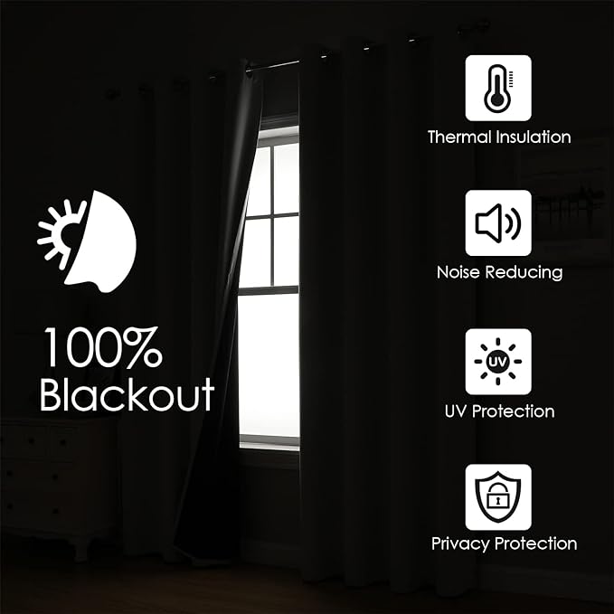 ChrisDowa 100% Blackout Curtains for Bedroom with Black Liner, 2 Thick Layers Total Blackout Thermal Insulated Grommet Small Window Curtains 2 Panels Set (Stone Blue, 42 x 45 Inch)