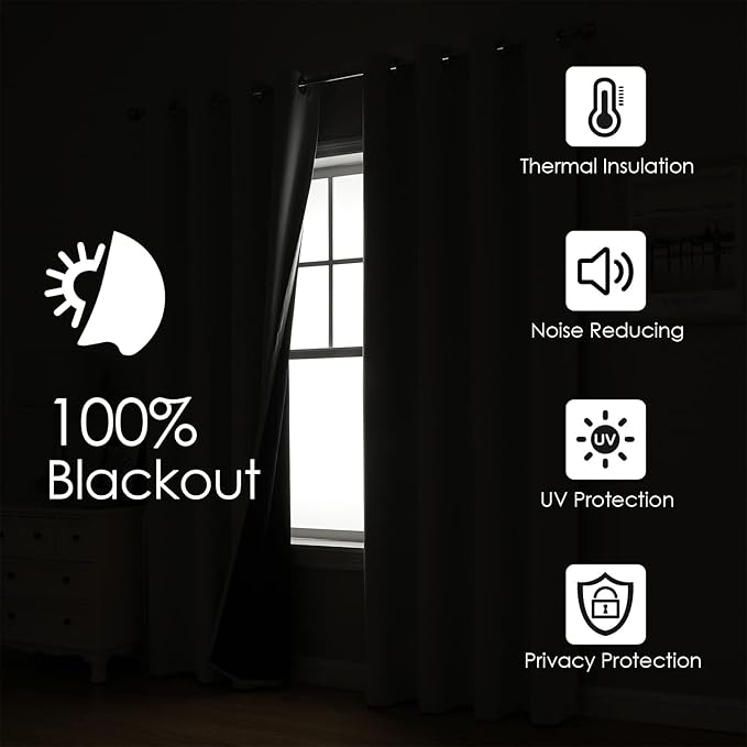 ChrisDowa 100% Blackout Curtains for Bedroom with Black Liner, 2 Thick Layers Total Blackout Thermal Insulated Grommet Window Curtains 63 Inch Length 2 Panels Set (Dark Grey, 52 x 63 Inch)