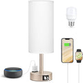 Antique White Bedside Table Lamp for Bedroom - 3 Way Dimmable Touch Lamp USB C Charging Ports and AC Outlet, Small Lamp Gold Base Round Flaxen Fabric Shade for Living Room, Desk, LED Bulb Included