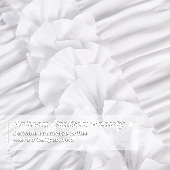 White Blackout Drapes - Handmade Ruffles & Butterfly Flower Accents Heat Blocking Window Curtain 42" W x 63" L (Pair) - Thermal Insulated, Soundproof & Light Reducing Curtains (LQ-37)