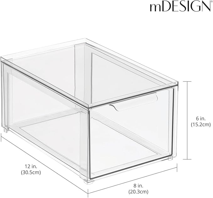mDesign Plastic Stackable Bathroom Storage with Pull Out Bin Organizer Drawer for Cabinet, Vanity, Shelf, Cupboard, Cabinet, or Closet Organization - Lumiere Collection - 4 Pack - Clear