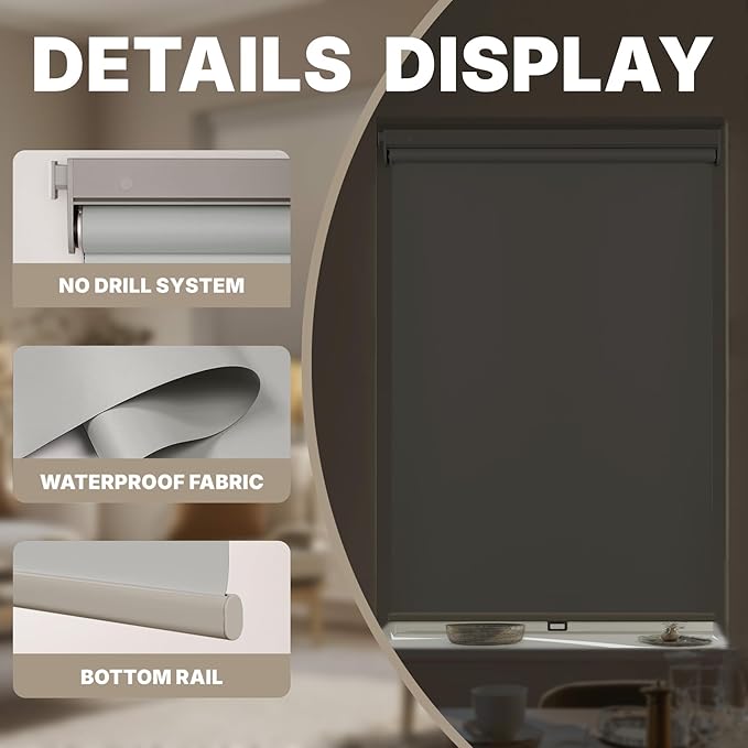HESTIA No Drill Cordless Blackout Roller Shades Screwless Waterproof Shower Window Blinds, Auto-Retraction Easy Install Blind for Bathroom/Kitchen/Office/Exterior, Grey, 55" W x 72" H