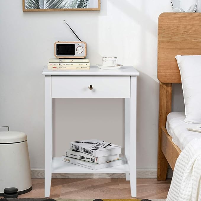Giantex Nightstand Wooden 2-Tier Couch Sofa Side Table with Drawer, Storage Shelf, Solid Wood Legs,Mufti-Functional Home Furniture for Living Room Bedroom Study Room End Table (2, White)