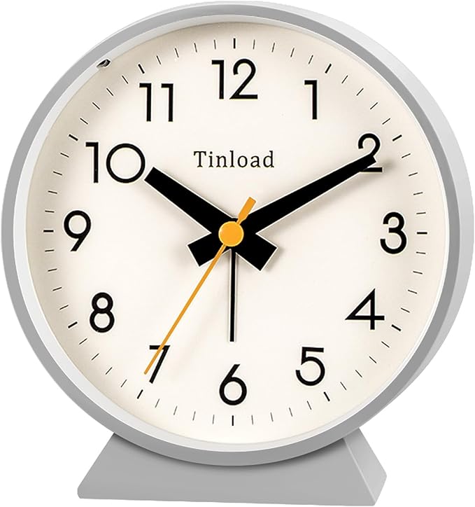 4.5" Battery Operated Antique Retro Analog Alarm Clock, Small Silent Bedside Desk Clock,Lighted on Demand, Battery Operated, Snooze, for Living Room, Bedroom, Bedside, Desk(Grey)