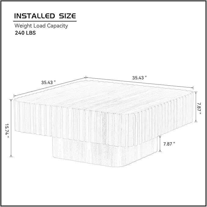 LKTART Square Coffee Table for Living Room, Accent Fluted Coffee Table with Storage, Modern Solid Wood Veneered Large Center Tea Table for Small Space Apartment (35.4''D×16''H-Natural)