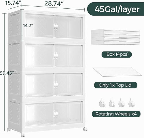 180Gal Stackable Storage Bins with Lid, 720Qt Extra Large Collapsible Storage Box with Doors and Wheels, Plastic Closet Organizer and Storage Cabinet Drawer for Home Kitchen, 4Pack White