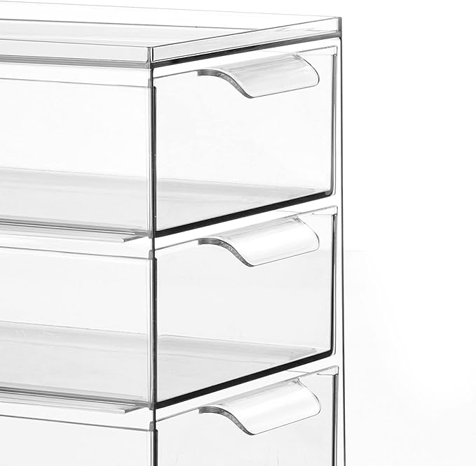 mDesign Plastic Stackable Organizer with 3 Drawers - Pull-Out Drawer Storage Bin for Bathroom Sink/Cabinet Organization - Perfect for Makeup, Small Towels, and More - Lumiere Collection, 4 Pack, Clear
