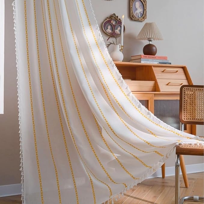 Sutuo Home Boho Curtains 72 inches for Bedroom Living Room, Semi Blackout Farmhouse Tassels Window Treatment Bohemian Embroidery Drape, Rod Pocket 1 Panel 52" W x 72" L, White and Gold