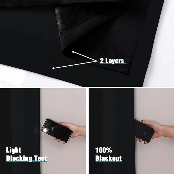 ChrisDowa 100% Blackout Curtains 108 inch Long for Bedroom with Black Liner, 2 Thick Layers Total Blackout Thermal Insulated Grommet Window Curtains 2 Panels Set (Black, 52 x 108 Inch)