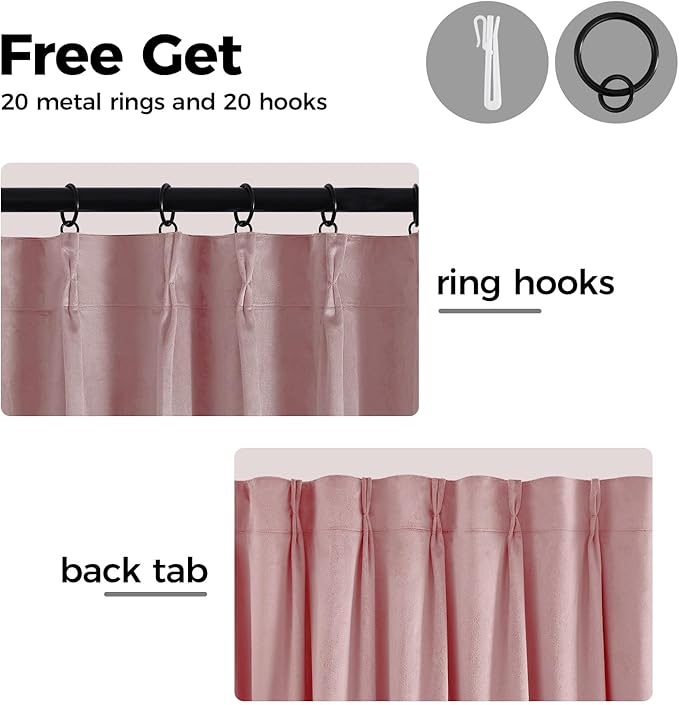 Pinch Pleated 100% Blackout Curtains for Bedroom, Pink Velvet Curtains for Living Room, Black Out Curtain 86 inch Long Room Darkening, Blackout Pinch Pleat Drapes with Hooks 2 Panels