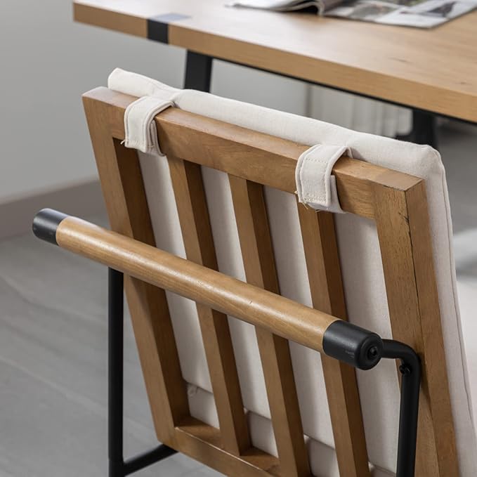 Modern Dining Chairs Set of 6, Comfy Linen Fabric Armless Side Chairs with Backrest Wooden Upholstered Seat Black Metal Legs for Dining Room Living Room, White