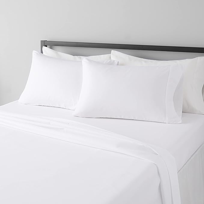 Amazon Basics Luxury, Ultra Soft, Breathable Lightweight Microfiber 4 Piece Bed Sheet Set with 14-Inch Deep Pockets, King, Bright White, Solid