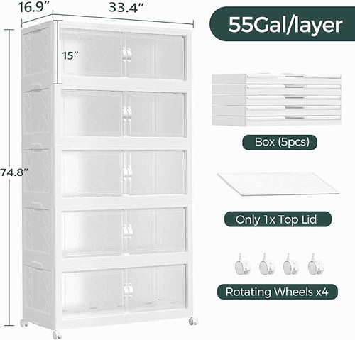 1100QT Extra Large Stackable Storage Bins with Lid, 275Gal Collapsible Storage Box with Wheels and Doors, Plastic Closet Organizer and Storage Cabinet for Home Kitchen Office Dorm, 5Pack White