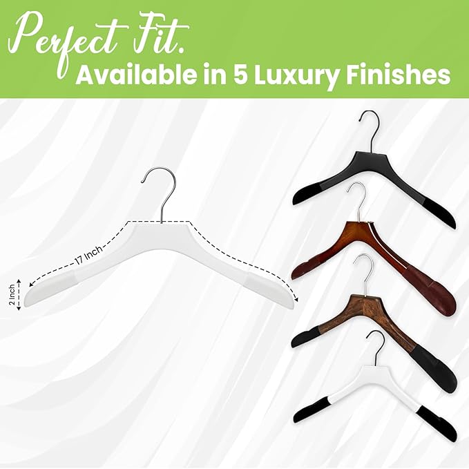 Premium Luxe Wooden Hangers for Women, Wide Shoulder Design for Dresses, Skirts, Sweaters & Blouses, Heavy Duty with Velvet Grip, White with White Velvet, 12 pcs