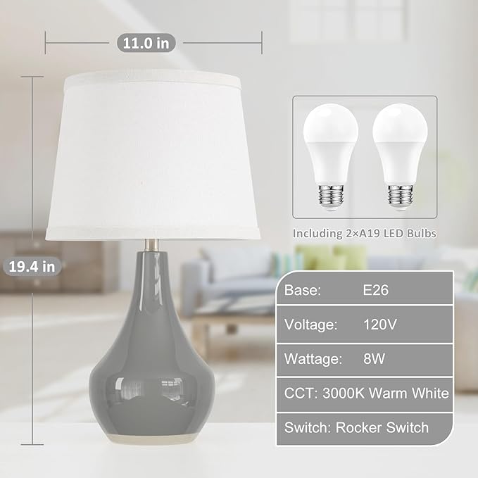 Seealle Modern Ceramic Table Lamps for Night Stands - Bedside Lamps Set of 2 for Nightstand, 19.4" Grey Bedroom Lamp for Living Room Cute Desk End Table Office Guest Room Dresser Rocker Swtich