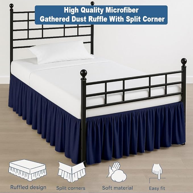 Ruffled Bed Skirt Split Corners with Platform, Tailored Fit Hotel Quality Wrinkle Free Ultra-Soft Microfiber Dust Ruffle, Upto 16 Inch Drop, Queen, Navy Blue