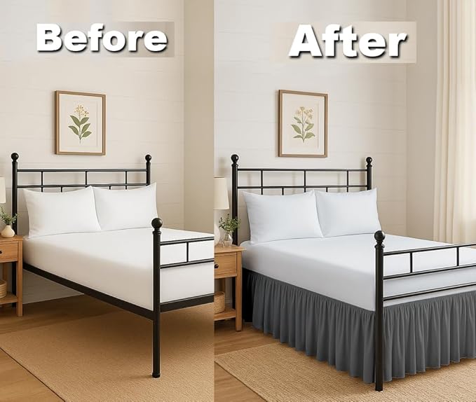 Ruffled Bed Skirt Split Corners with Platform, Tailored Fit Hotel Quality Wrinkle Free Ultra-Soft Microfiber Dust Ruffle, Upto 12 Inch Drop, Full XL, Dark Grey