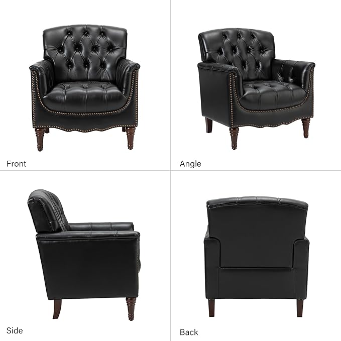HULALA HOME Mid Century Modern Leather Club Chairs Set of 2, Top-Grain Genuine Leather Armchairs with Button-Tufted Back & Solid Wood Legs, Accent Chairs for Living Room/Bedroom/Home Office, Black