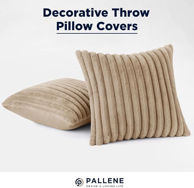 Pallene Faux Fur Plush Throw Pillow Covers 16x16 Set of 2, Luxury Soft Fluffy Striped Decorative Pillow Covers for Sofa, Couch, Living Room, Khaki